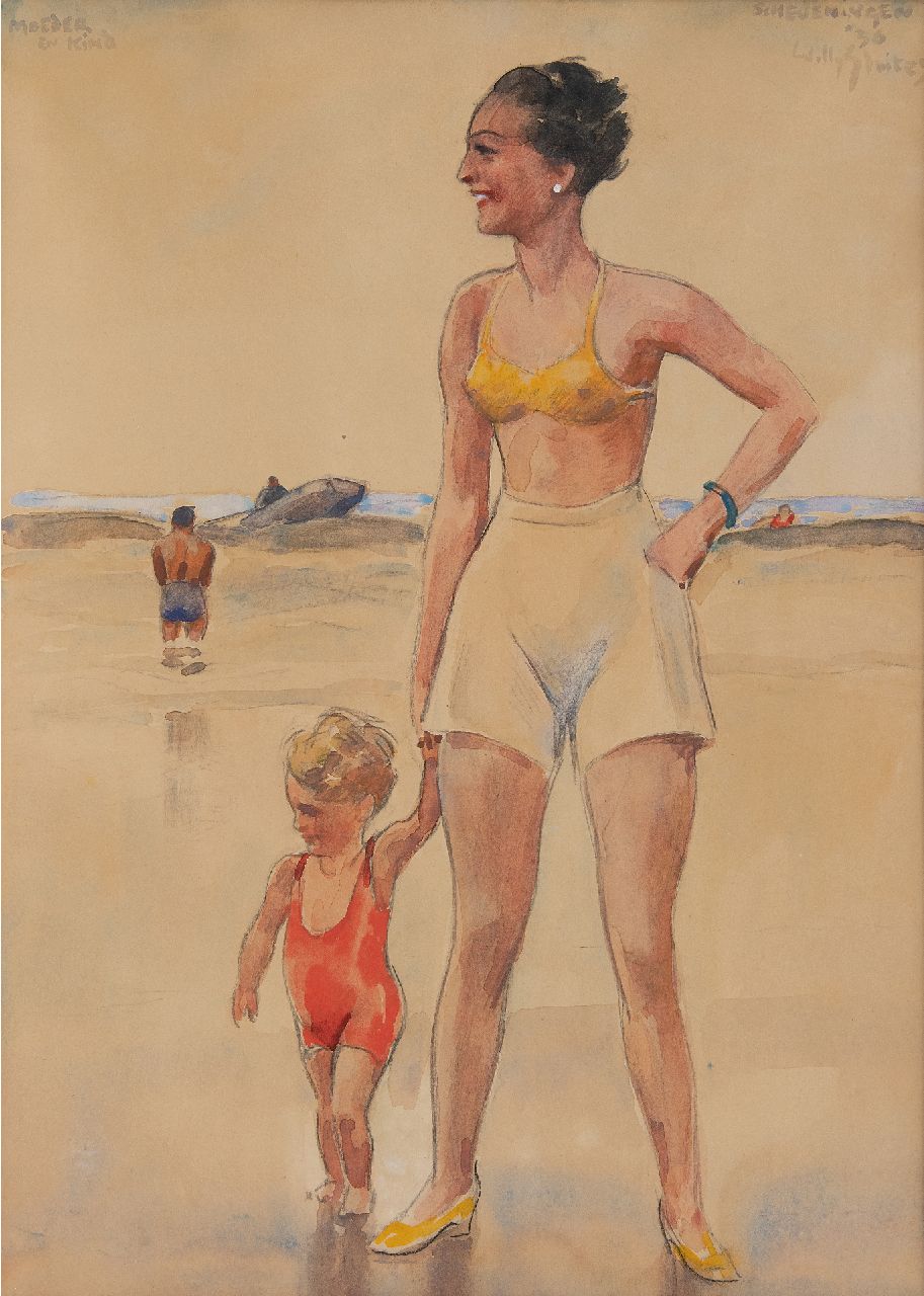 Sluiter J.W.  | Jan Willem 'Willy' Sluiter | Watercolours and drawings offered for sale | Mother and child on the Scheveningen beach, chalk and watercolour on board 46.0 x 35.6 cm, signed u.r. and dated 'Scheveningen' '36
