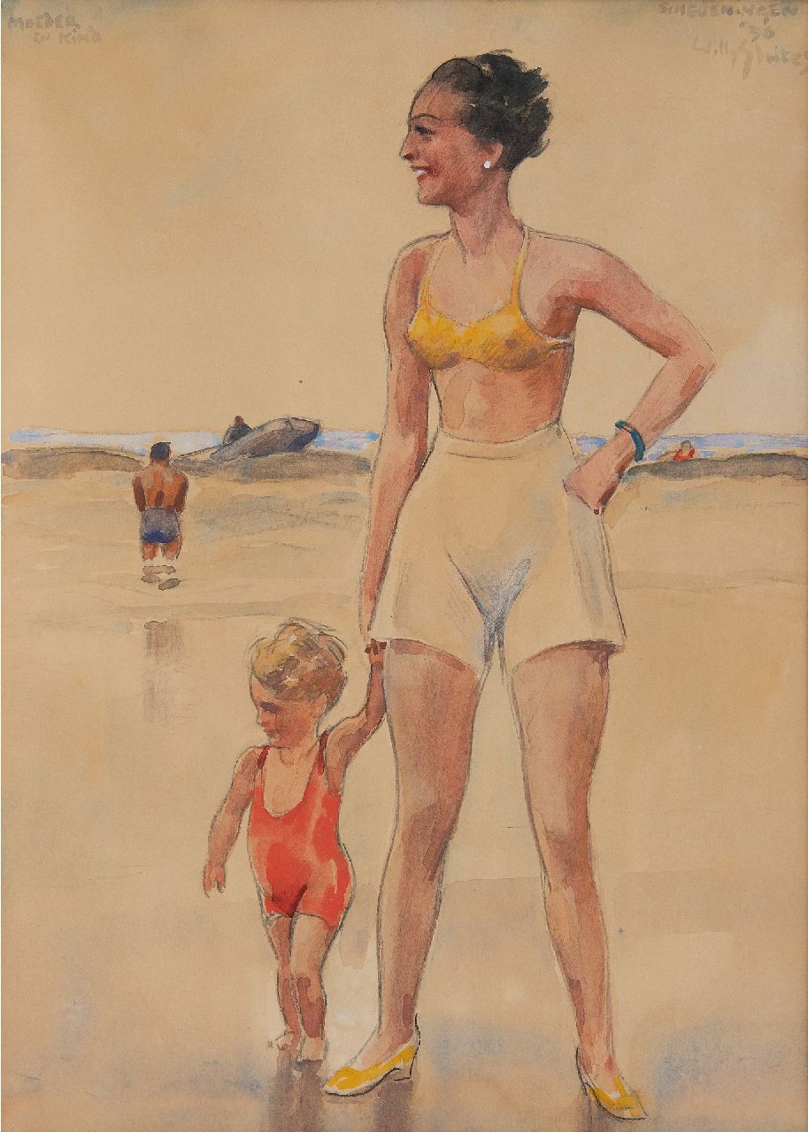 Sluiter J.W.  | Jan Willem 'Willy' Sluiter | Watercolours and drawings offered for sale | Mother and child on the Scheveningen beach, chalk and watercolour on board 49.0 x 35.7 cm, signed u.r. and dated 'Scheveningen' '36