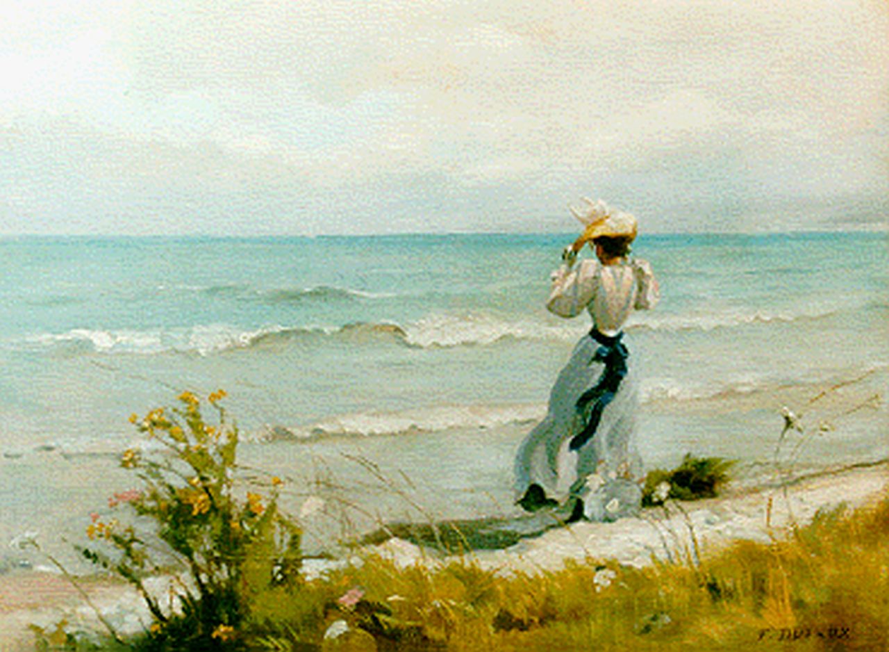Dufaux F.  | Frédéric II Dufaux, An elegant lady in the dunes, oil on canvas 29.8 x 40.4 cm, signed l.r.