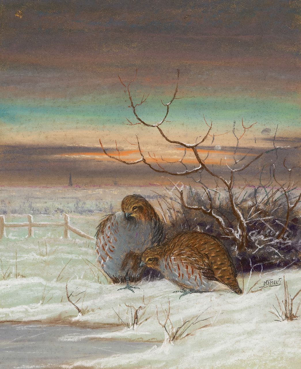 Nicolaas Jan Melis | Quail in a snowy landscape, chalk and watercolour on board, 48.8 x 41.0 cm, signed c.r.