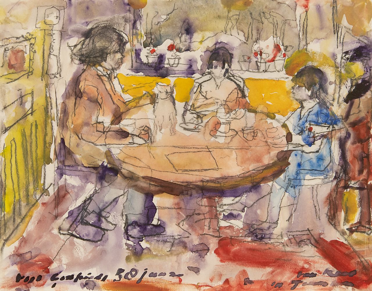 Verwey K.  | Kees Verwey | Watercolours and drawings offered for sale | Godfried and Pietsie Bomans with their daughter at the table, chalk and watercolour on paper 24.0 x 30.5 cm, signed l.r. and painted ca. 1971