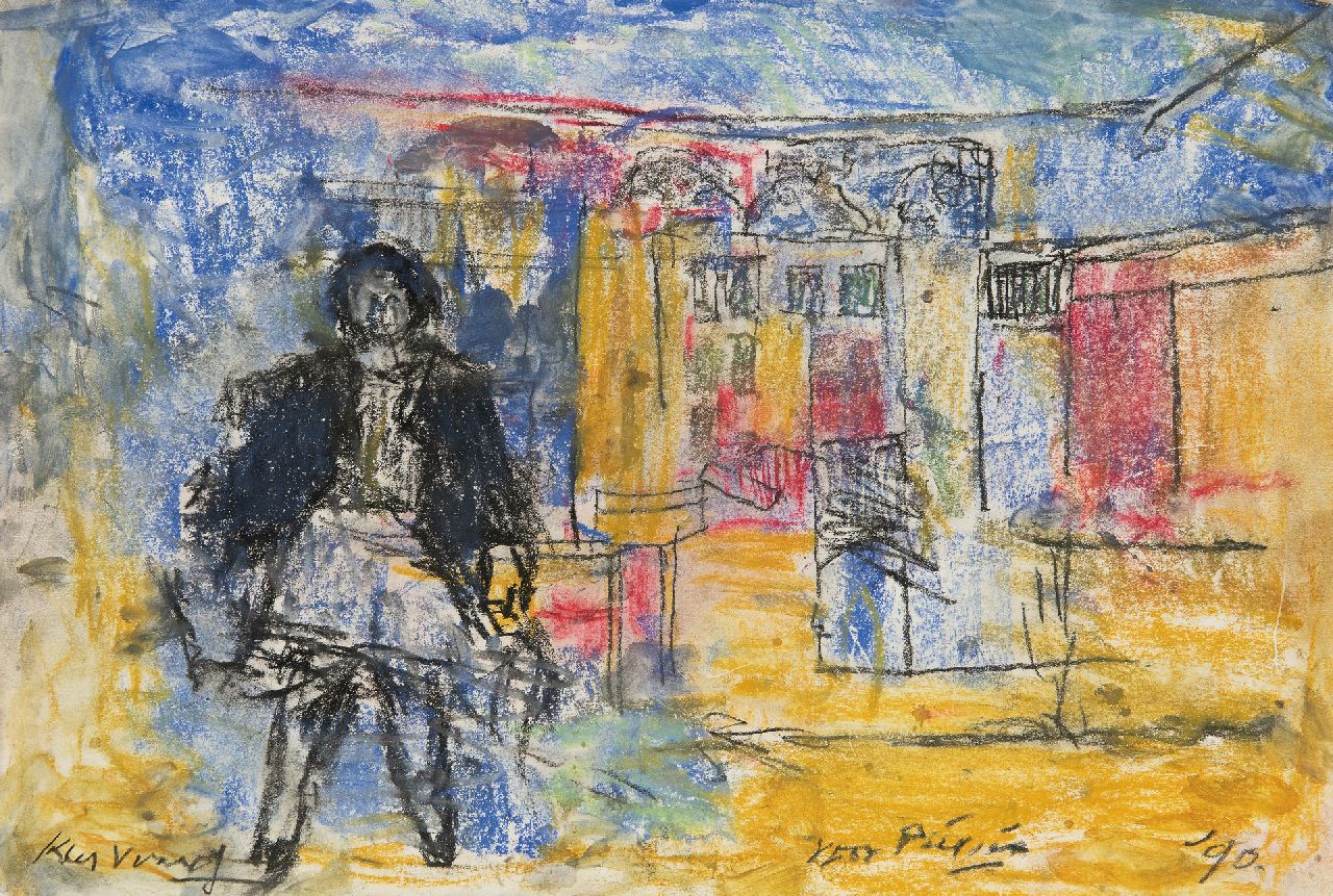 Verwey K.  | Kees Verwey | Watercolours and drawings offered for sale | Woman in a street, chalk and watercolour on paper 26.8 x 39.8 cm, signed l.l. and dated '90