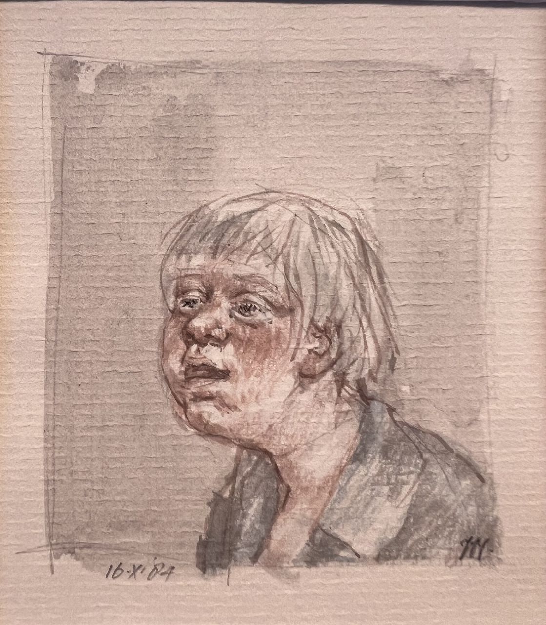 Vos P.A.C.A.  | Petrus Antonius Carolus Augustinus 'Peter' Vos | Watercolours and drawings offered for sale | Portrait of a boy, pencil and watercolour on paper 11.7 x 10.1 cm, signed l.r. (in pencil) and dated 16.X.'84