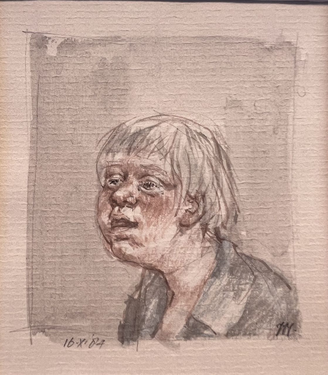Vos P.A.C.A.  | Petrus Antonius Carolus Augustinus 'Peter' Vos | Watercolours and drawings offered for sale | Portrait of a boy, pencil and watercolour on paper 11.7 x 10.1 cm, signed l.r. (in pencil) and dated 16.X.'84  for free with