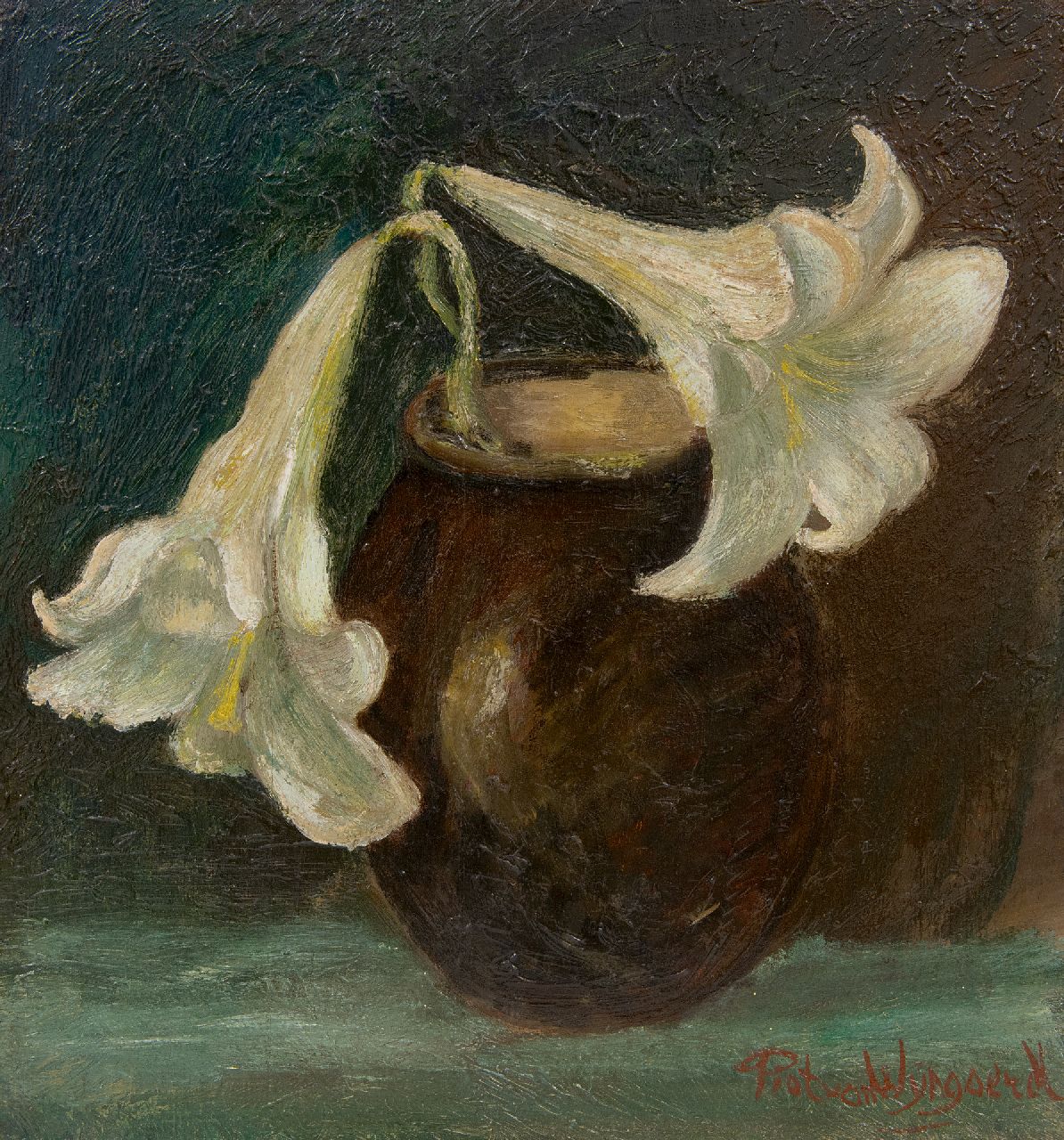 Wijngaerdt P.T. van | Petrus Theodorus 'Piet' van Wijngaerdt | Paintings offered for sale | Lily branch in a vase, oil on panel 35.1 x 32.4 cm, signed l.r.