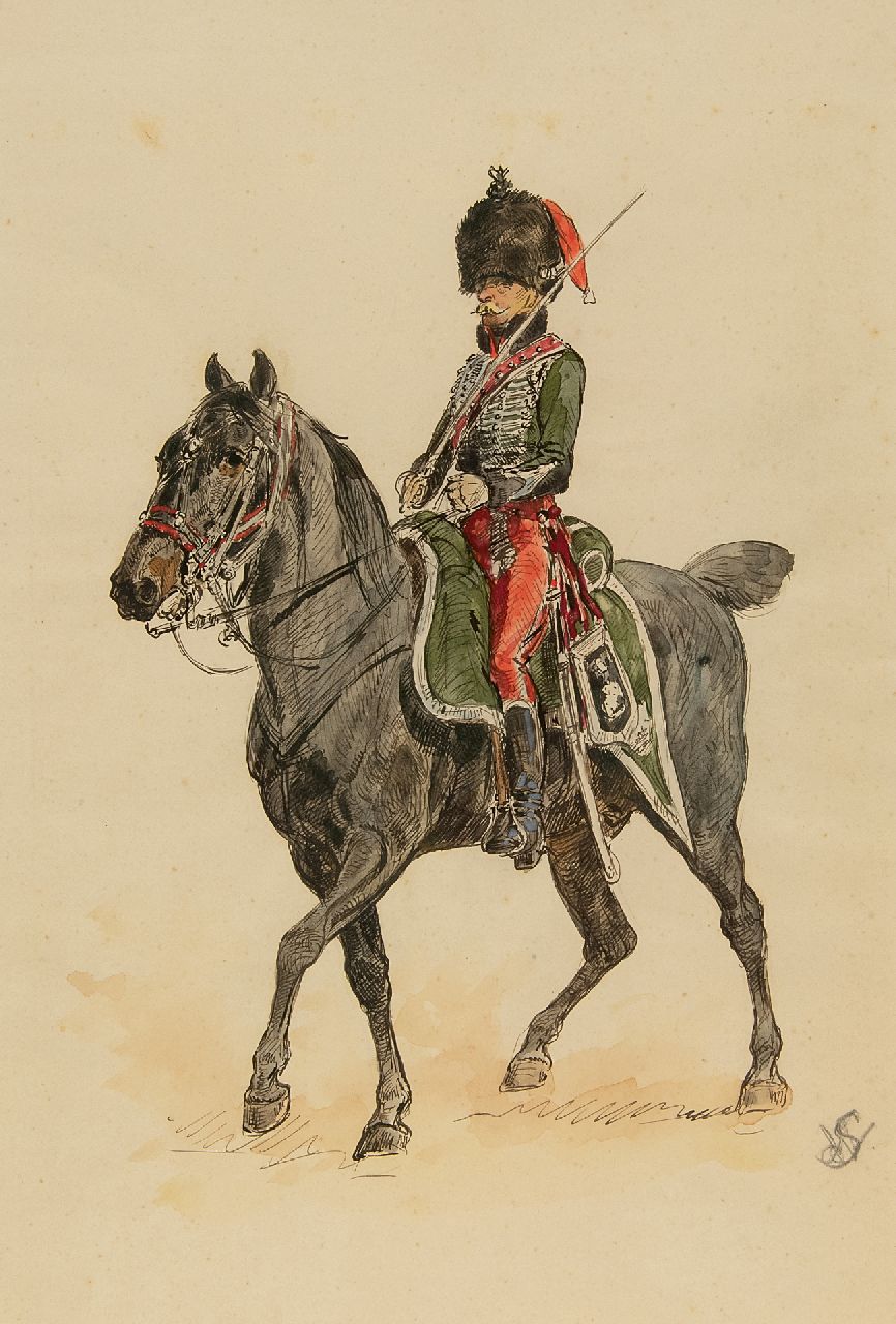 Staring W.C.  | Willem Constantijn Staring | Watercolours and drawings offered for sale | Dragoon on horseback, ink and watercolour on paper 33.5 x 21.0 cm, dated 1 April 1906 (in pencil)