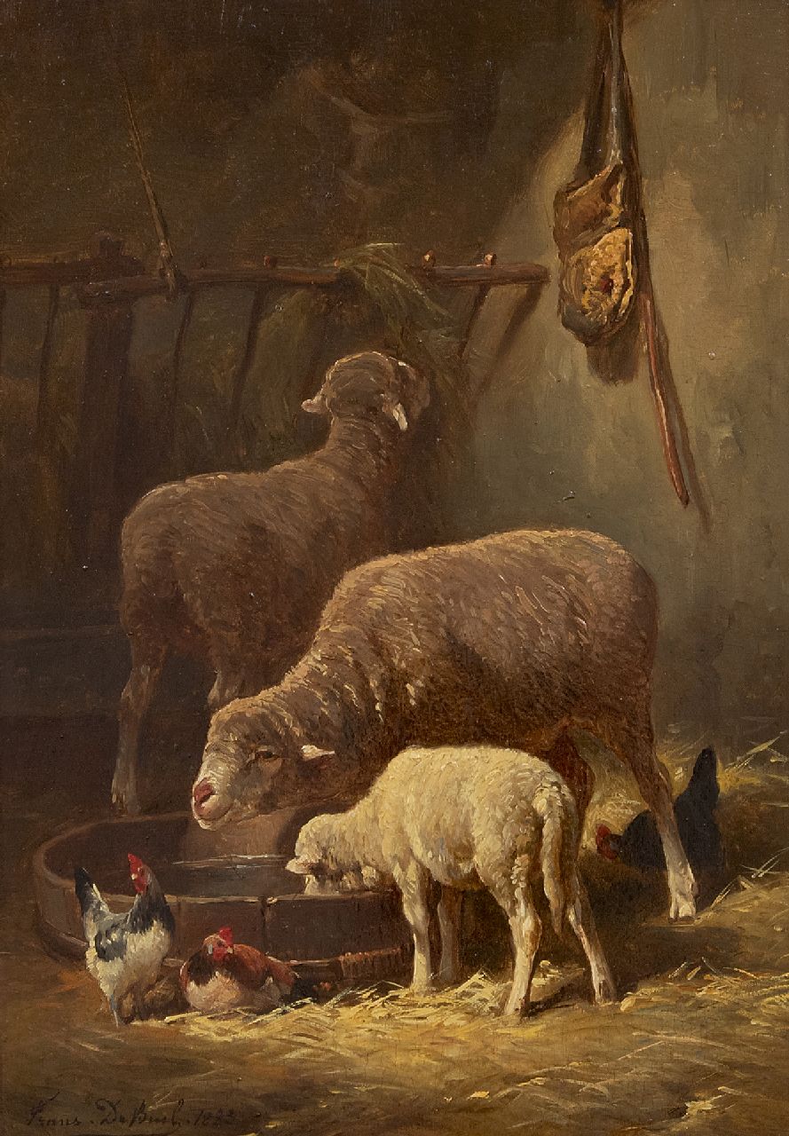 Beul F. de | Frans de Beul | Paintings offered for sale | Sheep in the stable, oil on panel 34.3 x 23.2 cm, signed l.l. and dated 1883