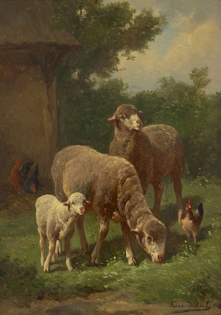 Beul F. de | Frans de Beul | Paintings offered for sale | Sheep and a lamb in the meadow, oil on panel 34.1 x 23.8 cm, signed l.r. and dated 1883