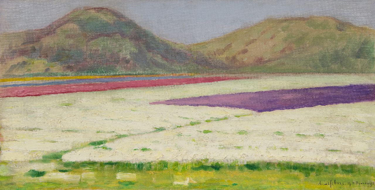 Albert Lefebvre | Bulb fields near Noordwijk, oil on canvas, 32.7 x 62.3 cm, signed l.r. and dated 1918