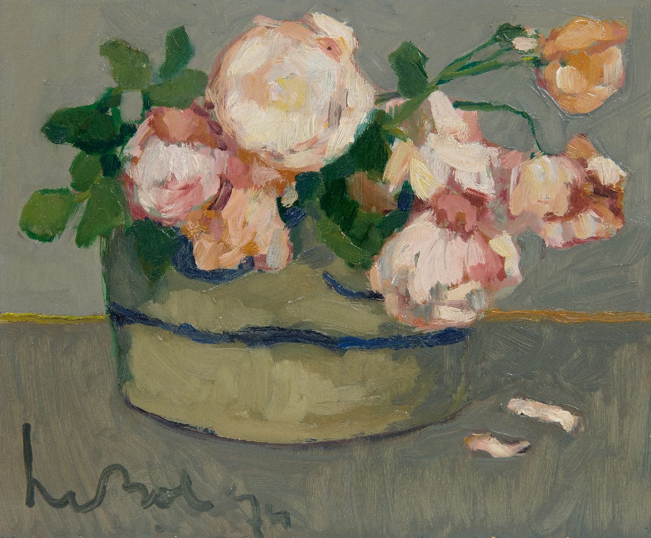 Bol K.  | Cornelis 'Kees' Bol, Roses, oil on board 23.3 x 28.1 cm, signed l.l. and dated on the reverse 1974