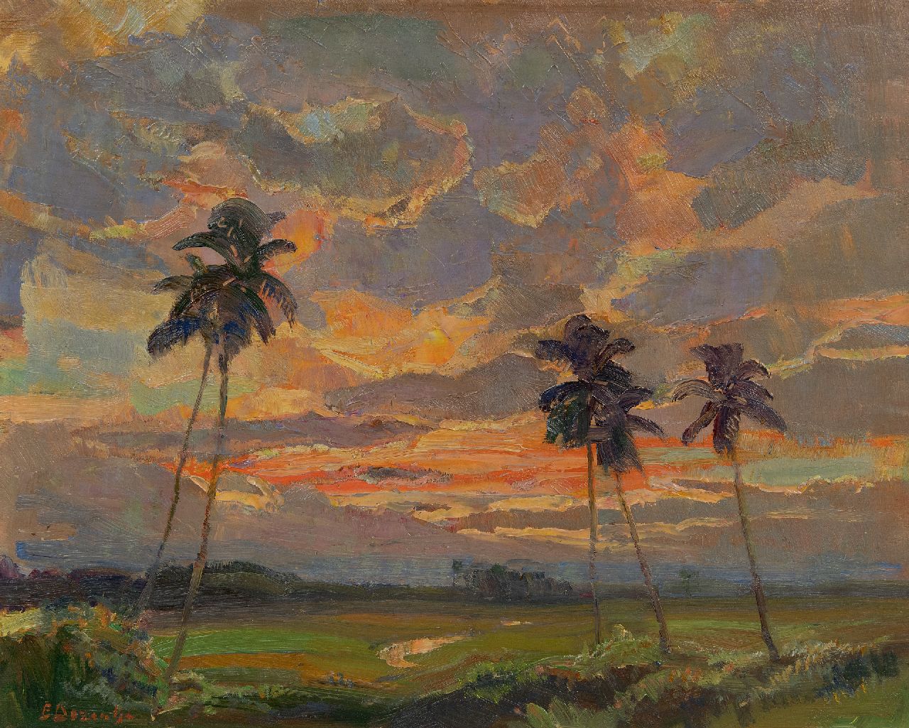 Dezentjé E.  | Ernest Dezentjé, Sunset in the vicinity of the culture garden Tjikeumeuh, Buitenzorg, oil on panel 31.9 x 39.3 cm, signed l.l. and on the reverse