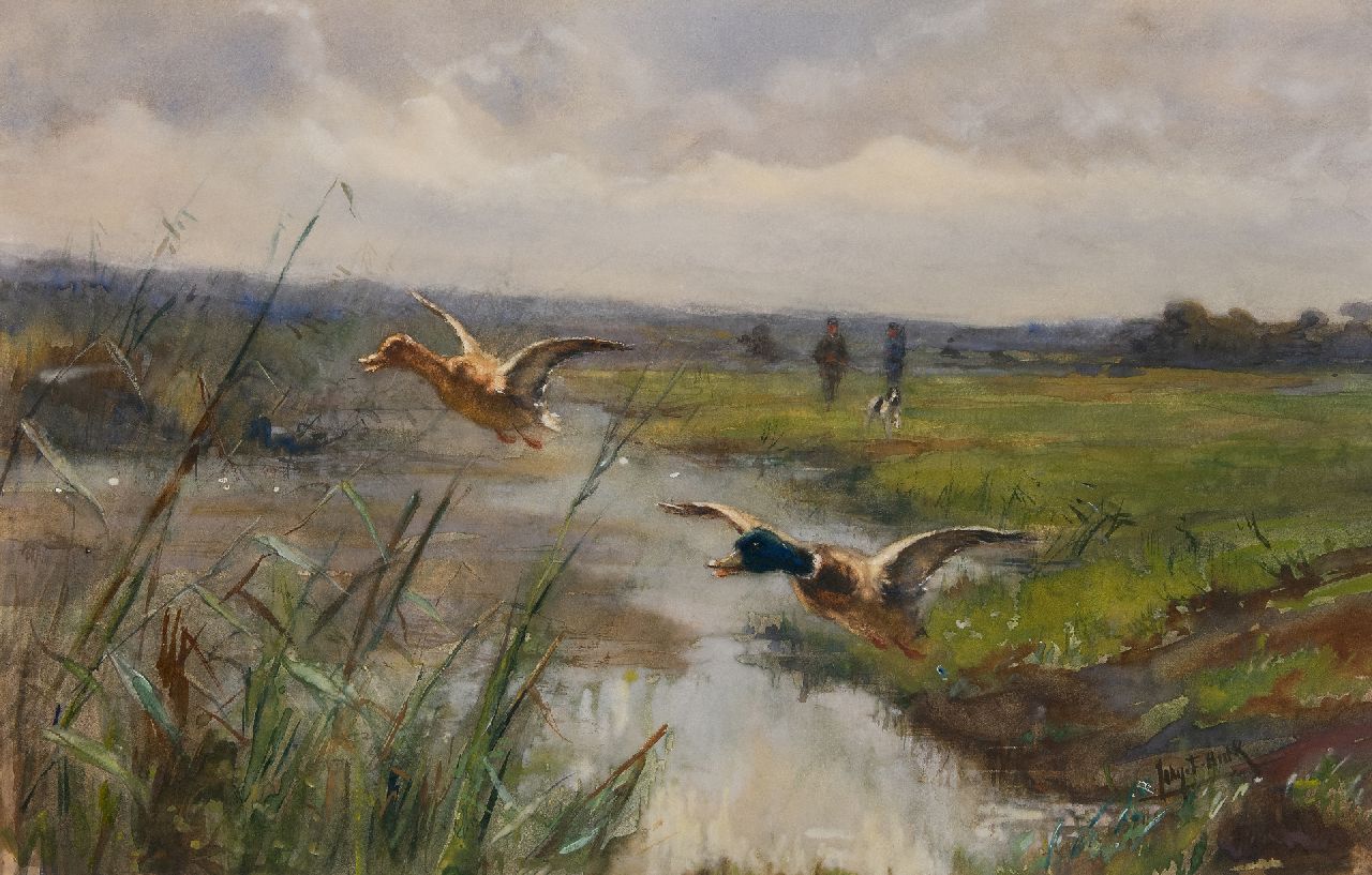 Hulk jr. J.F.  | Johannes Frederik 'John' Hulk jr. | Watercolours and drawings offered for sale | River landscape with flying ducks, watercolour on paper 38.6 x 60.7 cm, signed l.r.