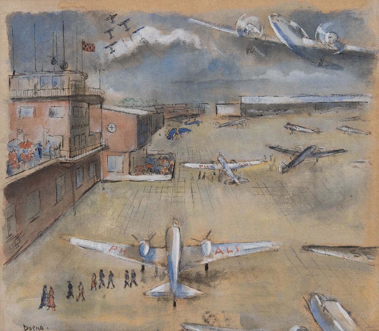 Bosma W.  | Willem 'Wim' Bosma, Airport Schiphol with the KLM Douglas DC-3 'Ibis', chalk and gouache on cardboard 54.4 x 62.0 cm, signed l.l. and executed late 30s