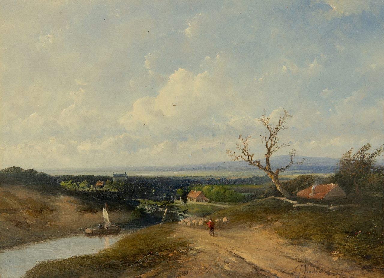 Madlener A.J.  | Antonius Josephus Madlener | Paintings offered for sale | An extensive river landscape with a shepherd and flock, oil on panel 21.7 x 29.7 cm, signed l.r. and dated '54
