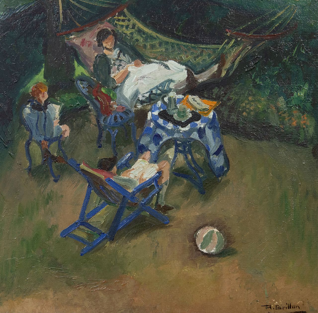 Roger Maurice Grillon | The family of the artist in the garden, oil on board, 40.8 x 41.0 cm, signed l.r. and painted ca. 1900