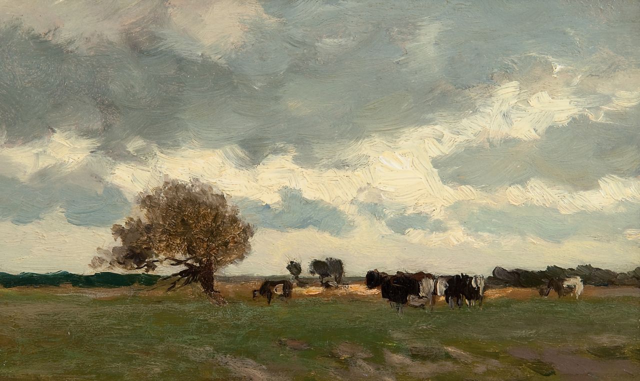 Weissenbruch H.J.  | Hendrik Johannes 'J.H.' Weissenbruch, A Dutch landscape with cows in a meadow, oil on panel 15.0 x 25.1 cm
