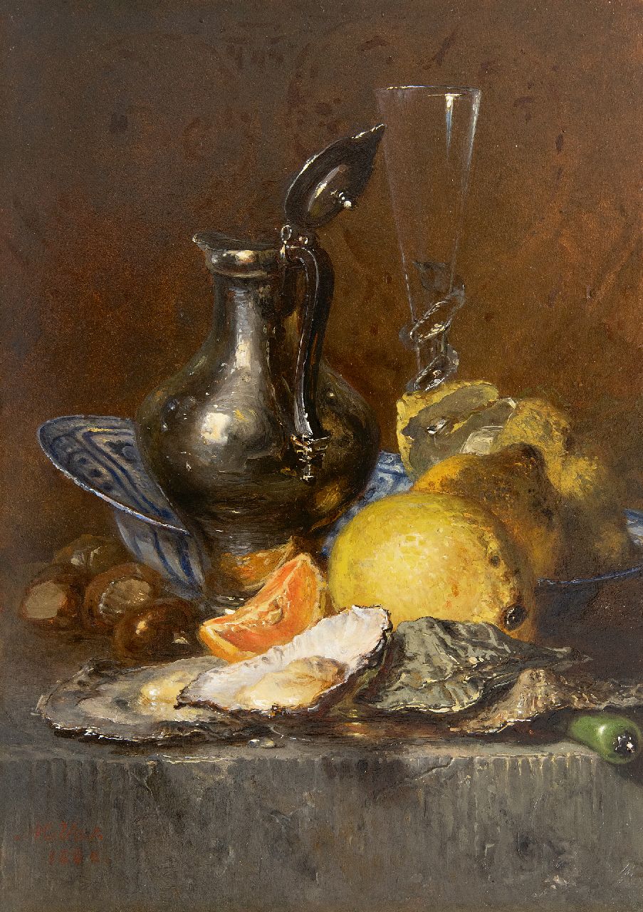 Vos M.  | Maria Vos, Still life with oysters, lemons and silver jug, oil on panel 38.6 x 27.6 cm, signed l.b. and dated 1880