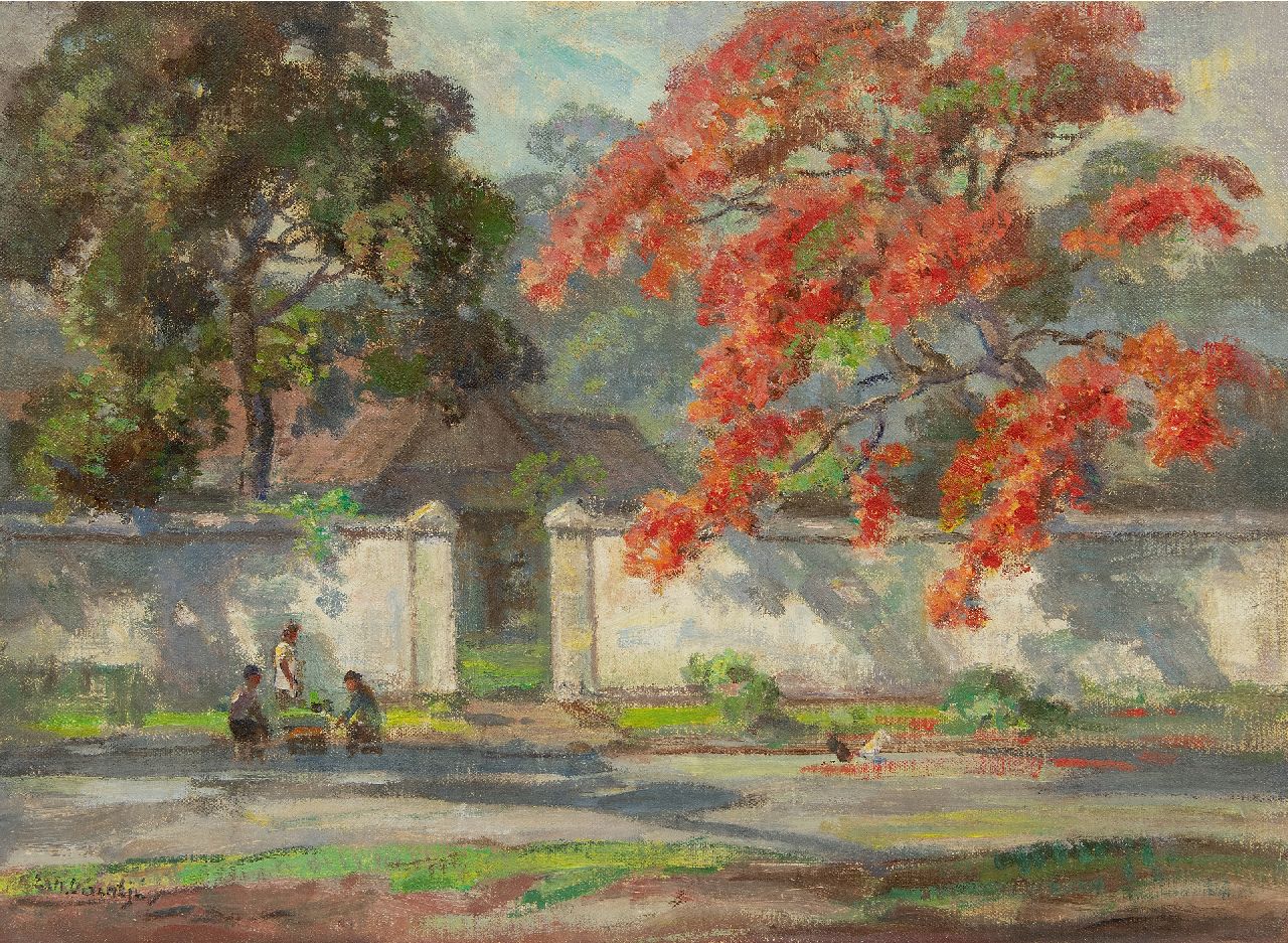 Dezentjé E.  | Ernest Dezentjé, Garden wall with flame tree in bloom, oil on canvas 40.3 x 55.1 cm, signed l.l.