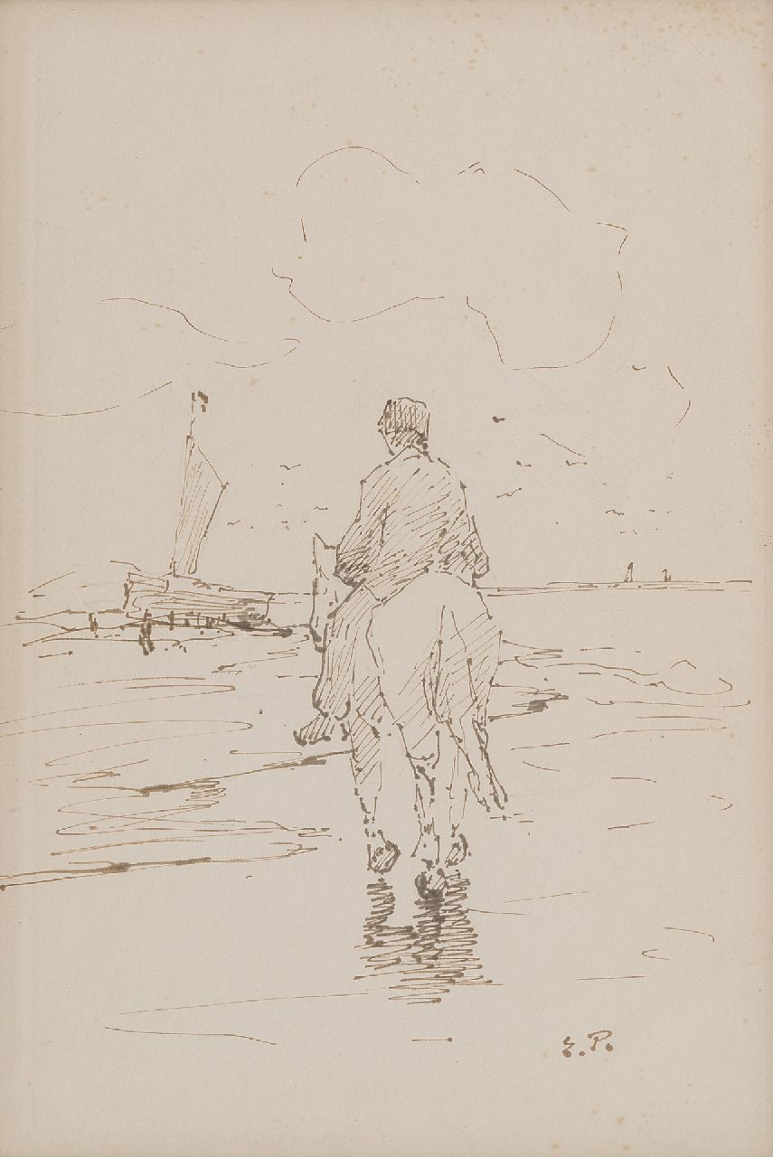 Pieters E.  | Evert Pieters | Watercolours and drawings offered for sale | Lineman on a horse on the beach, ink on paper 31.9 x 21.7 cm, signed l.r. with initials