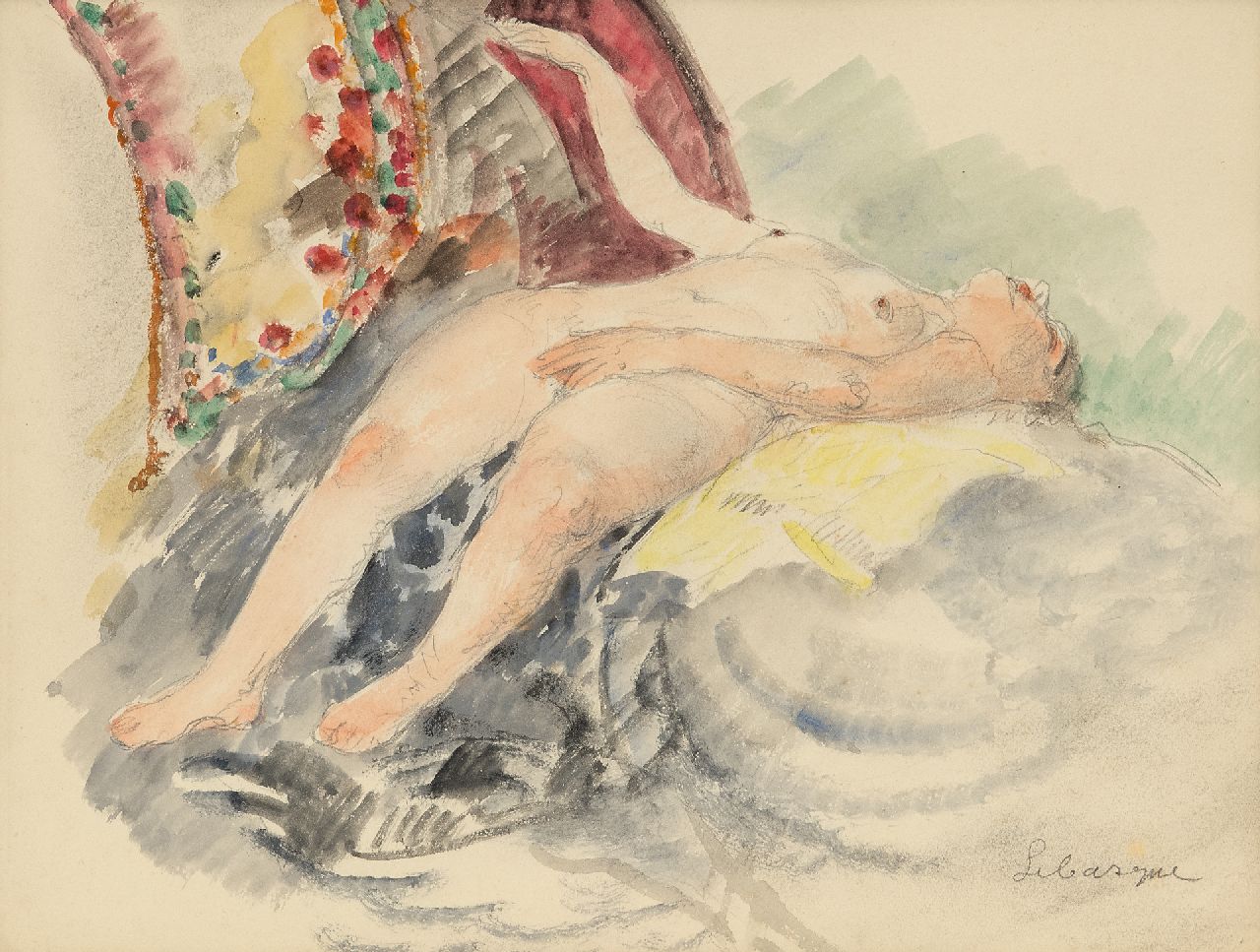 Lebasque H.  | Joseph 'Henri' Baptiste Lebasque | Watercolours and drawings offered for sale | Nu au Canapé (Nude on the sofa), pencil and watercolour on paper 21.5 x 27.5 cm, signed l.r.