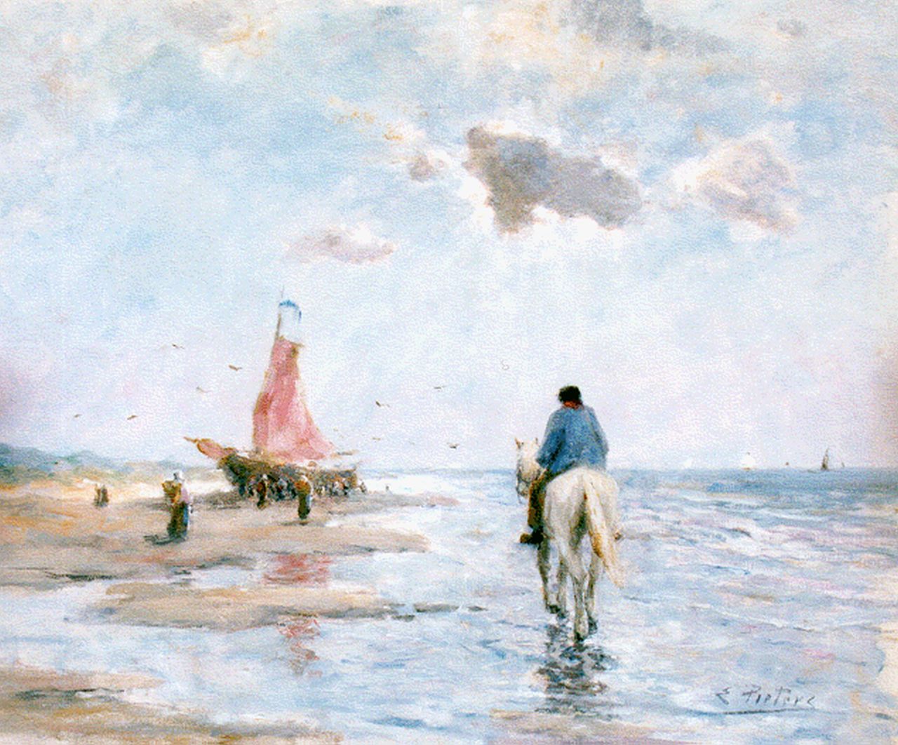 Pieters E.  | Evert Pieters, A horseman on the beach, oil on cardboard 50.8 x 61.6 cm, signed l.r.