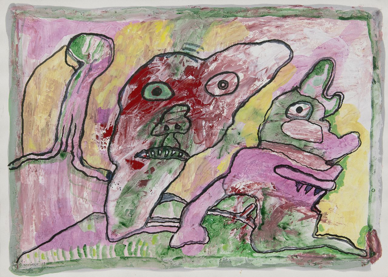 Lucebert (Lubertus Jacobus Swaanswijk)   | Lucebert (Lubertus Jacobus Swaanswijk) | Watercolours and drawings offered for sale | Composition with grotesque figure, mixed media on paper 50.0 x 69.0 cm, signed l.l. and dated '89