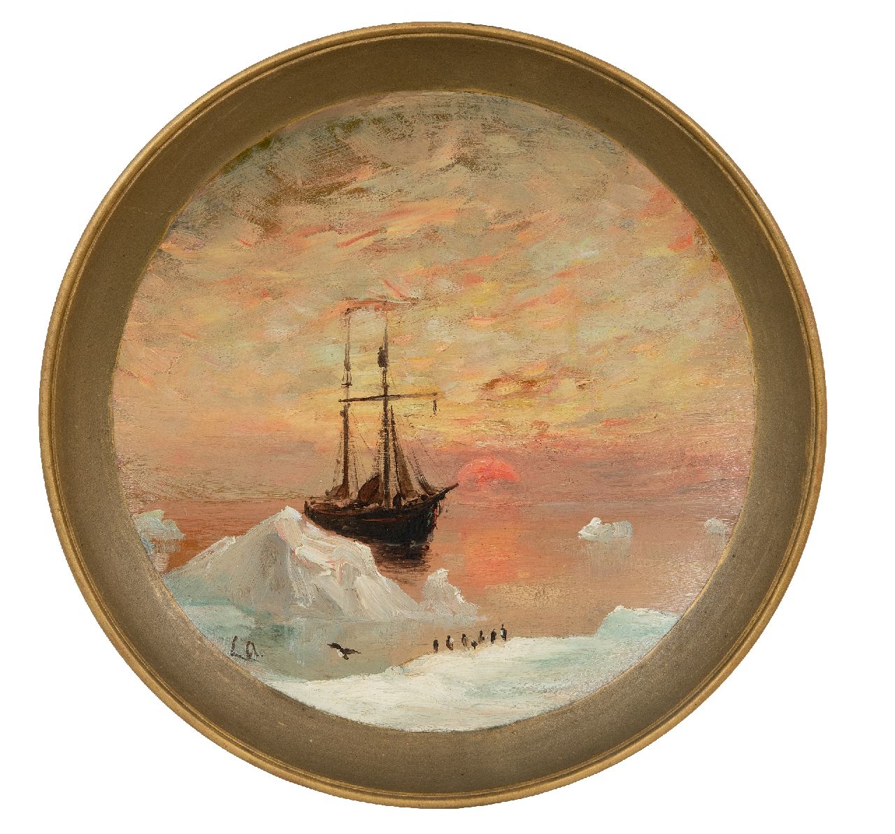 Apol L.F.H.  | Lodewijk Franciscus Hendrik 'Louis' Apol | Sculptures and objects offered for sale | The Willem Barentsz on Nova Zembla at sunset, oil on ceramic, signed l.l. with initials