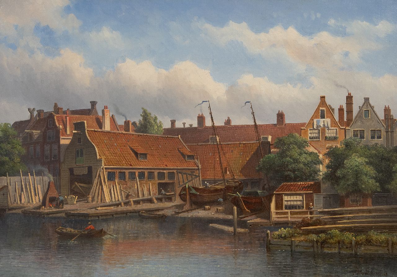 Hilverdink E.A.  | Eduard Alexander Hilverdink, Shipyard 'Het Jagt' in Amsterdam, oil on canvas 35.0 x 50.2 cm, signed l.r.