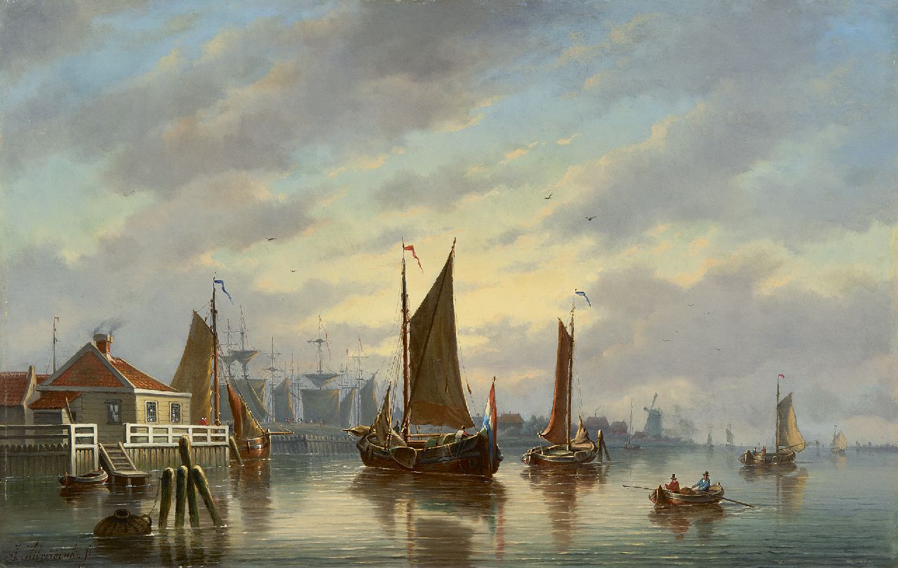 Hilverdink J.  | Johannes Hilverdink | Paintings offered for sale | Sailing vessels at a city harbour, oil on panel 39.3 x 61.5 cm, signed l.l.