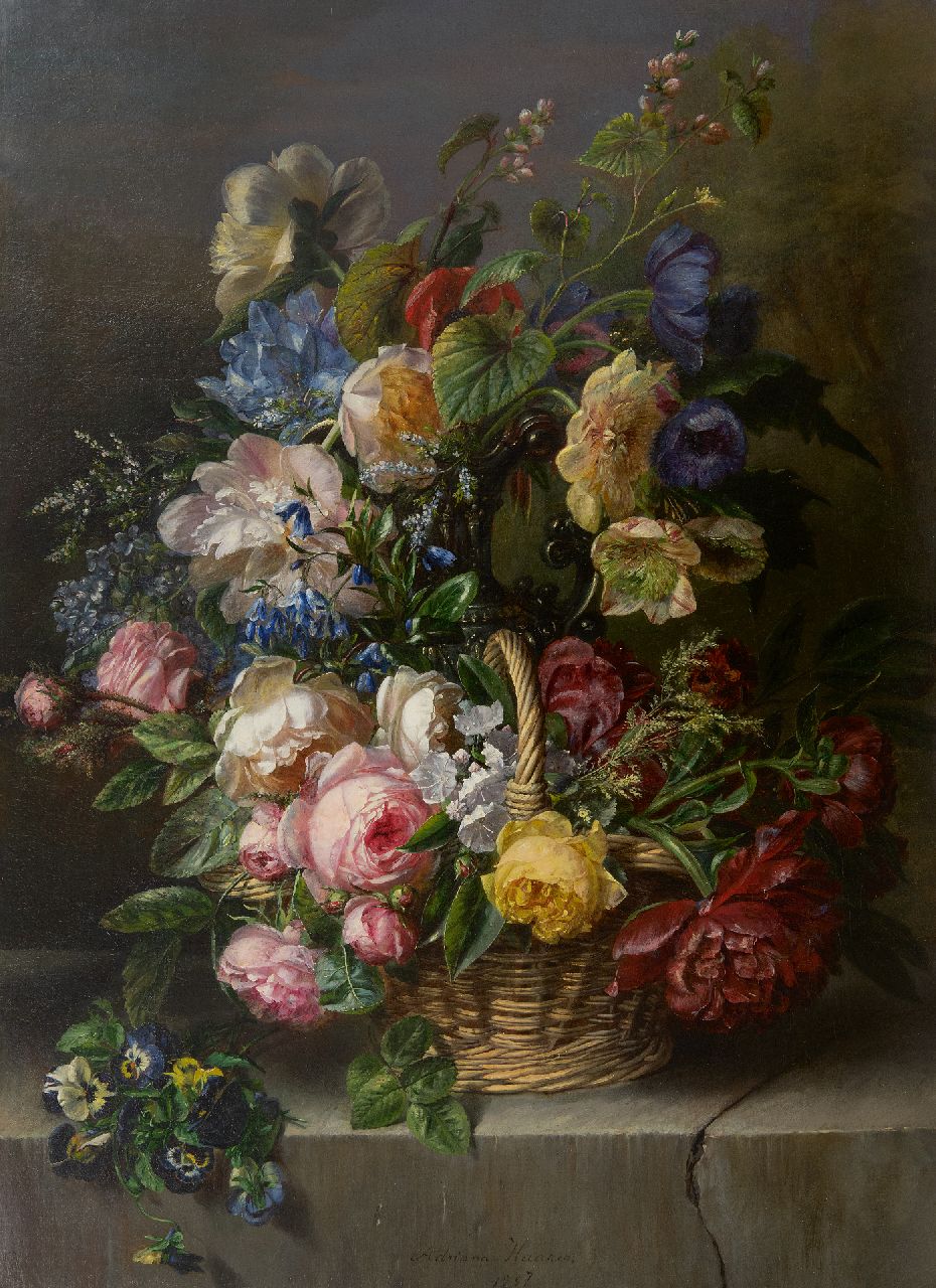 Haanen A.J.  | Adriana Johanna Haanen, Mixed flowers in basket on stone ledge, oil on canvas 73.5 x 53.7 cm, signed l.c. and dated 1857