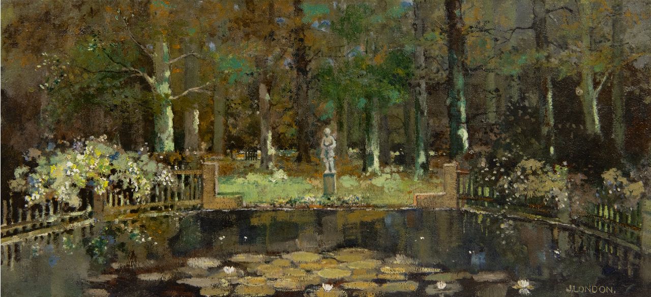 London J.  | Jacob London, The garden behind the artist's house in Hilversum, oil on canvas 25.0 x 52.6 cm, signed l.r.