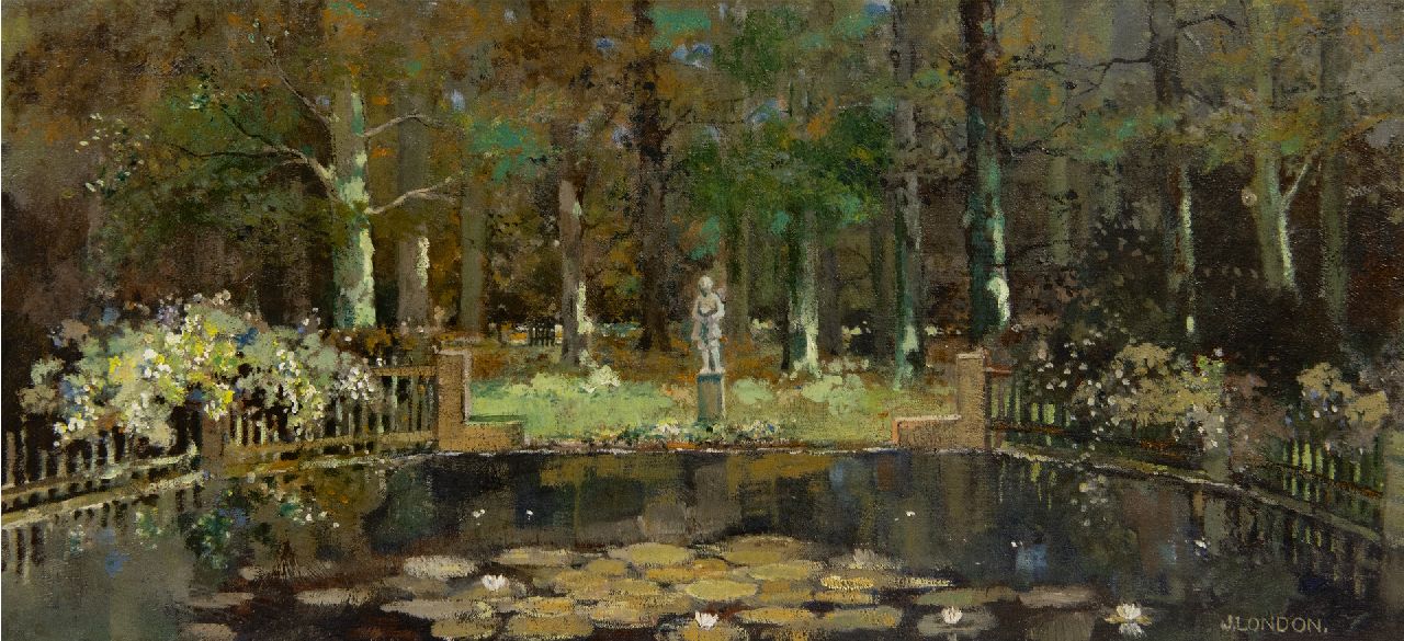 Jacob London | The garden behind the artist's house in Hilversum, oil on canvas, 25.0 x 52.6 cm, signed l.r.