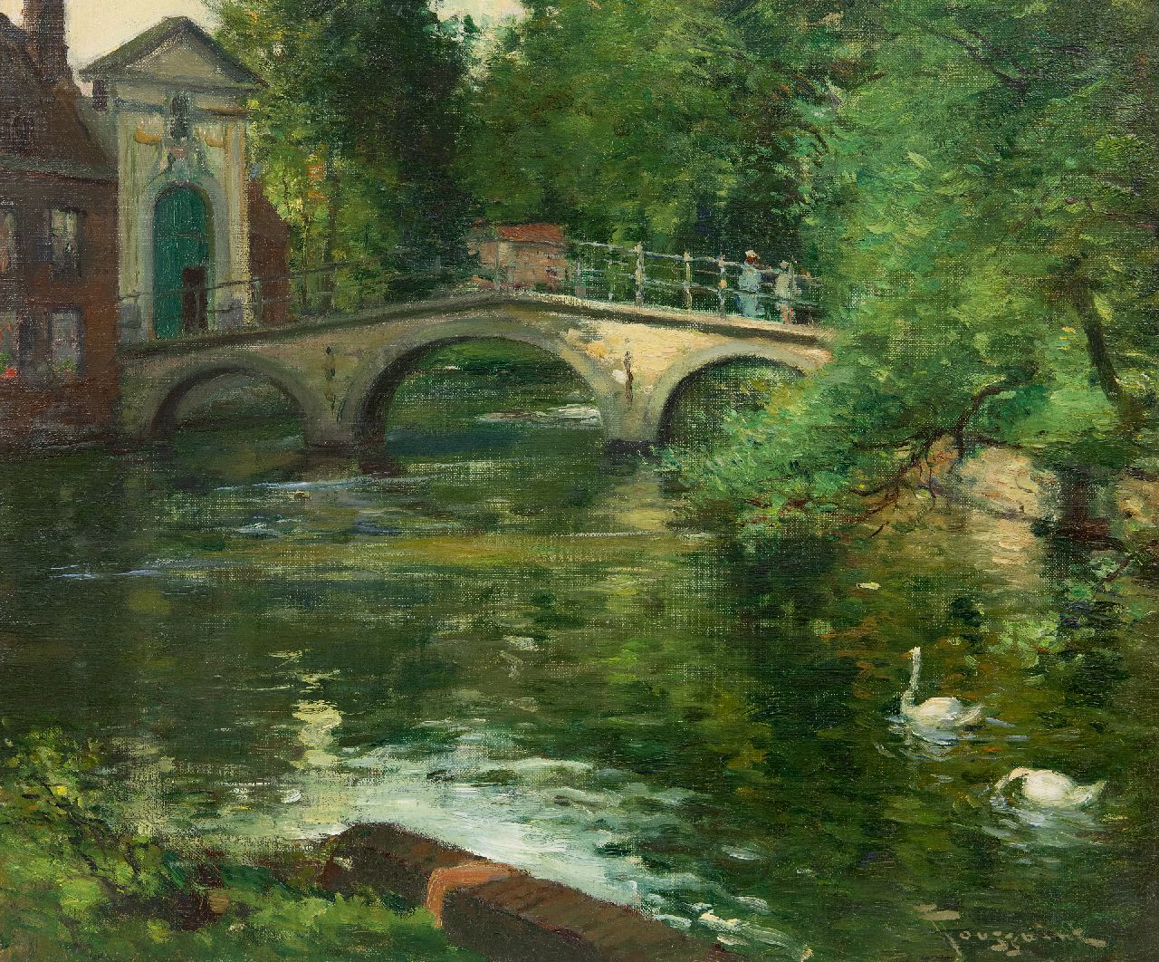 Toussaint F.  | Fernand Toussaint | Paintings offered for sale | Swans in the canal at the Begijnhofpoort in Bruges, oil on painter's board 46.1 x 54.9 cm, signed l.r.