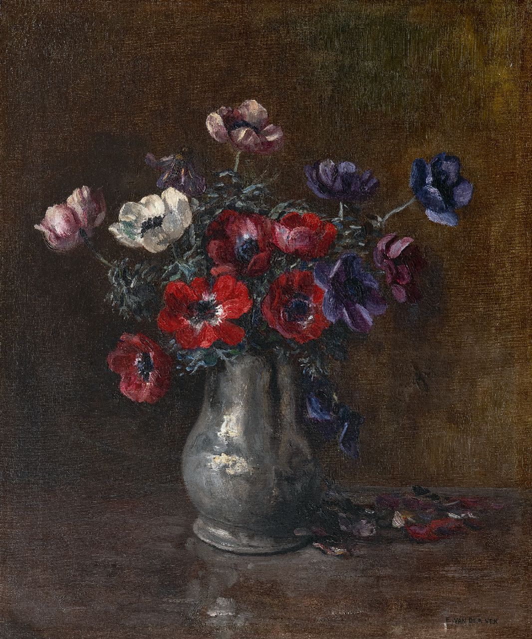 Manus van der Ven | Pewter vase with anemones, oil on canvas, 57.0 x 48.5 cm, signed l.r.