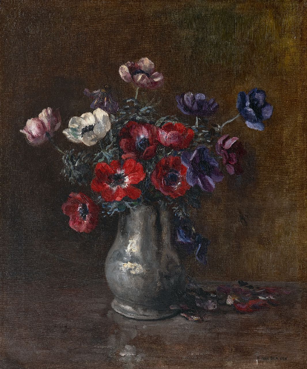 Ven E.E.G. van der | Emanuel Ernest Gerardus 'Manus' van der Ven | Paintings offered for sale | Pewter vase with anemones, oil on canvas 57.0 x 48.5 cm, signed l.r. and without frame