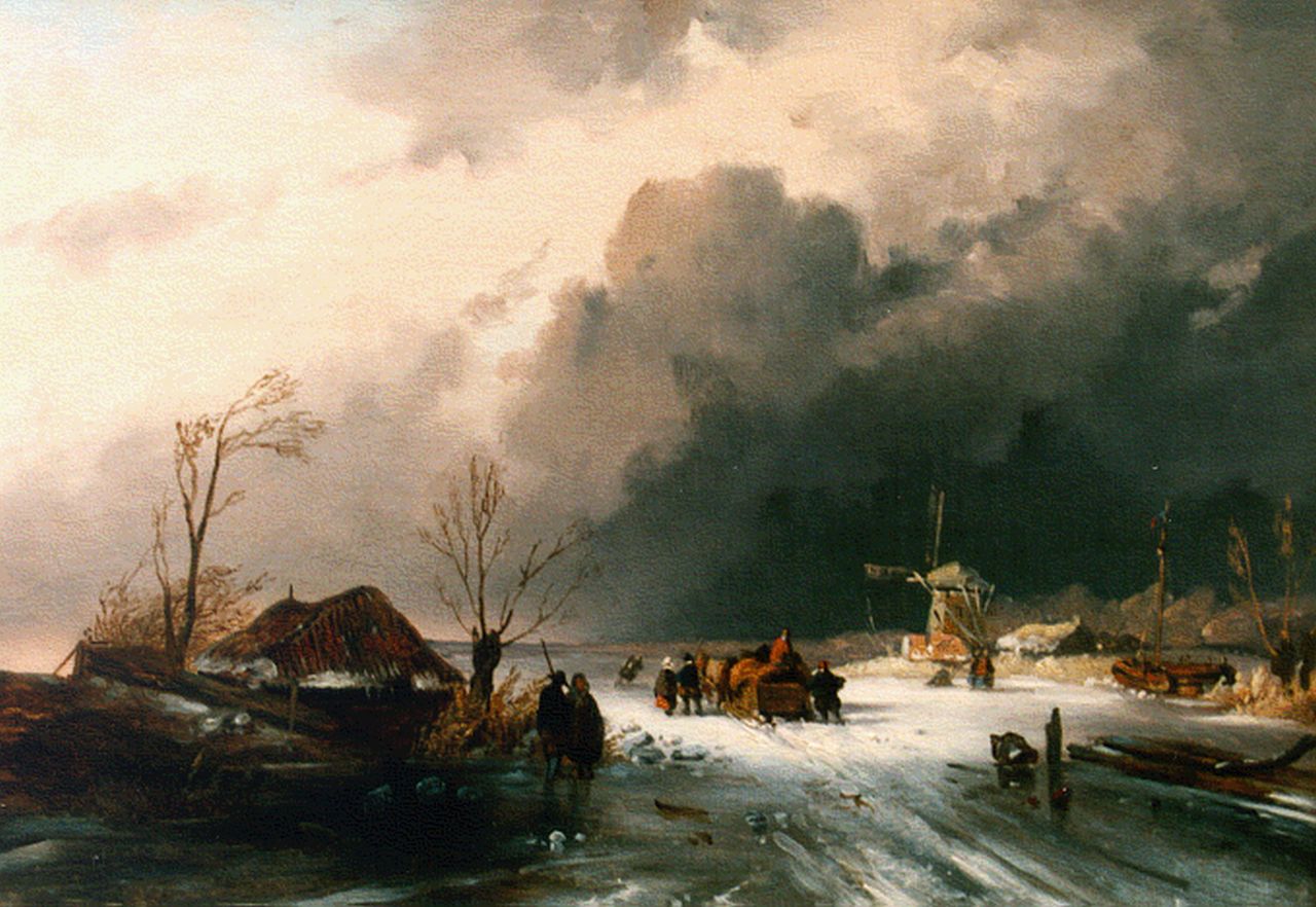 Leickert C.H.J.  | 'Charles' Henri Joseph Leickert, Winter landscape with skaters on the ice, oil on canvas 32.5 x 46.0 cm, signed l.l. with monogram