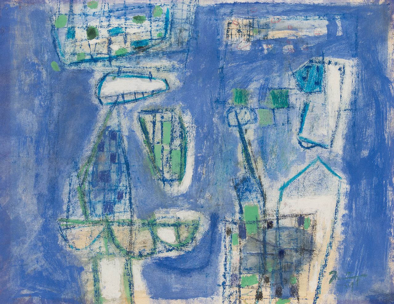 Nanninga J.  | Jacob 'Jaap' Nanninga | Watercolours and drawings offered for sale | Composition on a blue background, gouache and chalk on paper 48.0 x 61.5 cm, signed l.r. and dated '59