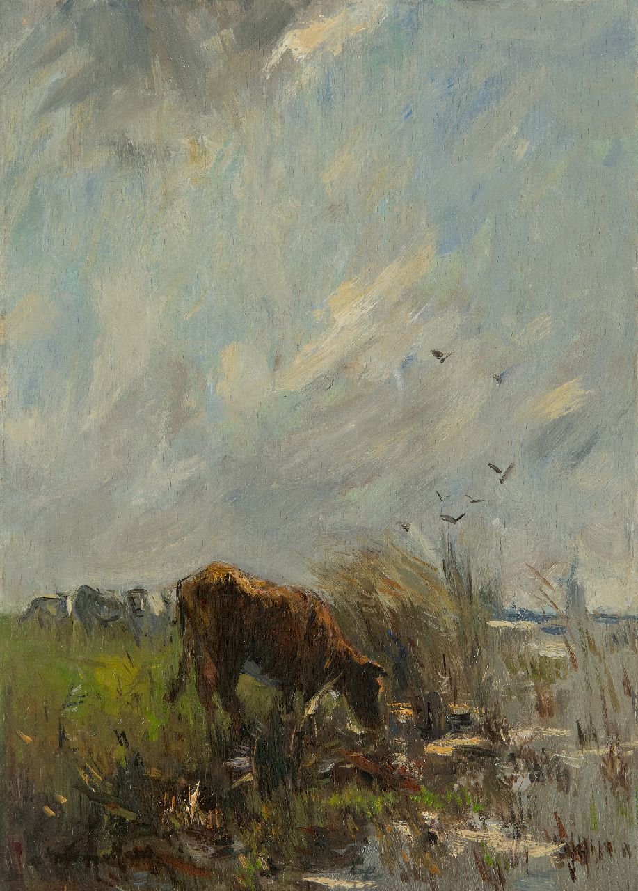 Maris W.  | Willem Maris, Grazing cows by the water, oil on panel 38.0 x 27.2 cm, signed l.l.