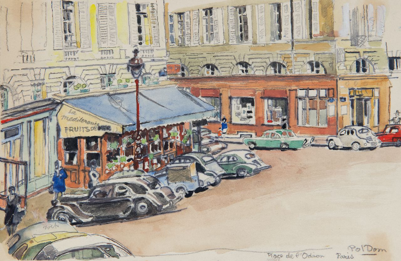 Pol Dom | Place de l'Odéon in Paris, with vintage cars, pencil, pen, ink and watercolour on paper, 16.3 x 24.6 cm, signed l.r.