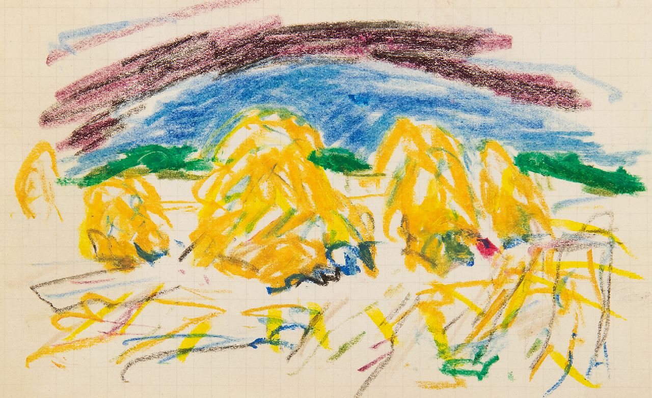 Altink J.  | Jan Altink, Landscape with haystacks, chalk on paper 10.5 x 16.5 cm, signed l.r. with initials and verkocht