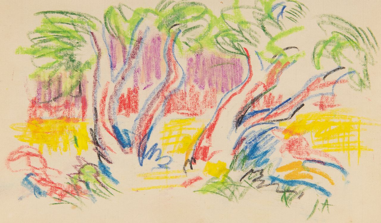 Altink J.  | Jan Altink | Watercolours and drawings offered for sale | View between trees, chalk on paper 12.6 x 20.1 cm, signed l.r. with initials