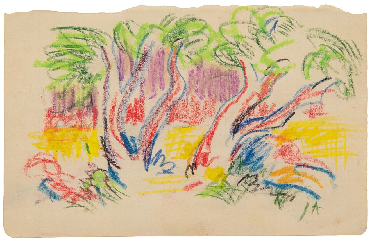 Altink J.  | Jan Altink | Watercolours and drawings offered for sale | View between trees, chalk on paper 12.6 x 20.1 cm, signed l.r. with initials