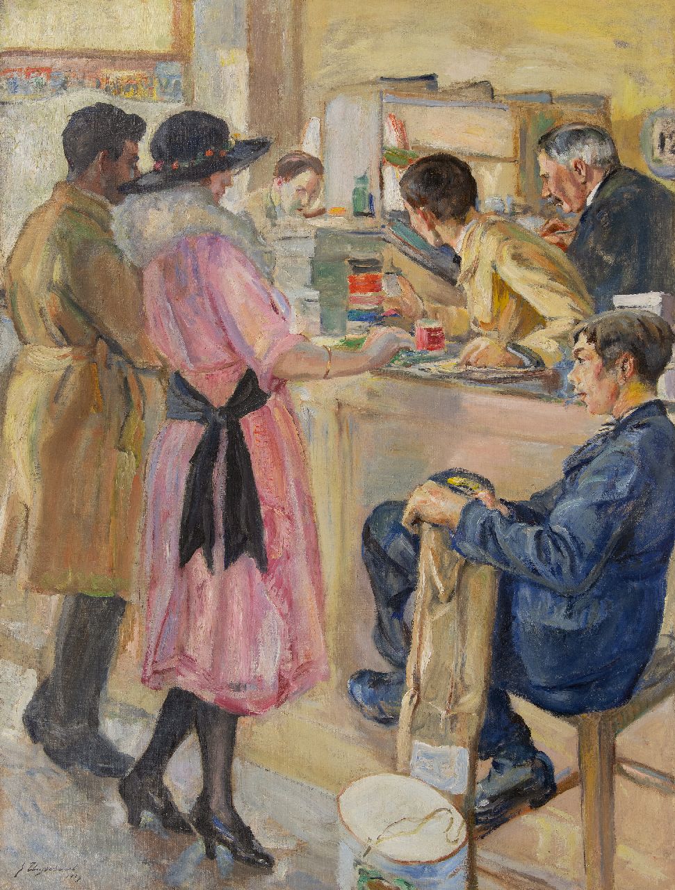 Thysebaert E.  | Emile Thysebaert | Paintings offered for sale | In the haberdashery store, oil on canvas 109.2 x 83.2 cm, signed l.l. and dated 1923 (unclear)