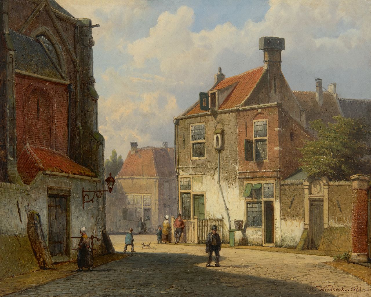Koekkoek W.  | Willem Koekkoek | Paintings offered for sale | Sunny village street with figures, oil on panel 28.7 x 35.7 cm, signed l.r. and dated 1861