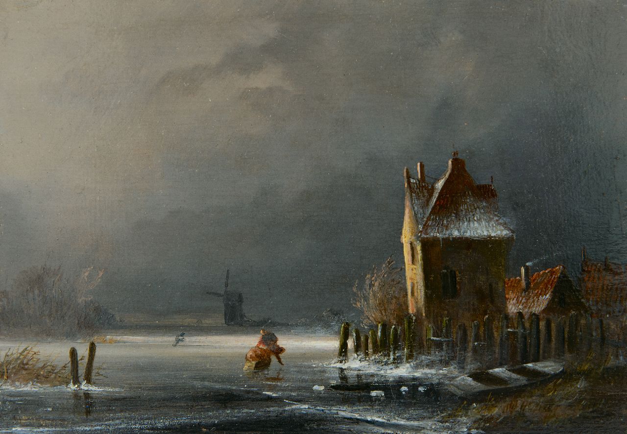 Jacques van Hellenberg Hubar | Winter landscape with approaching snowstorm, oil on panel, 14.9 x 21.3 cm