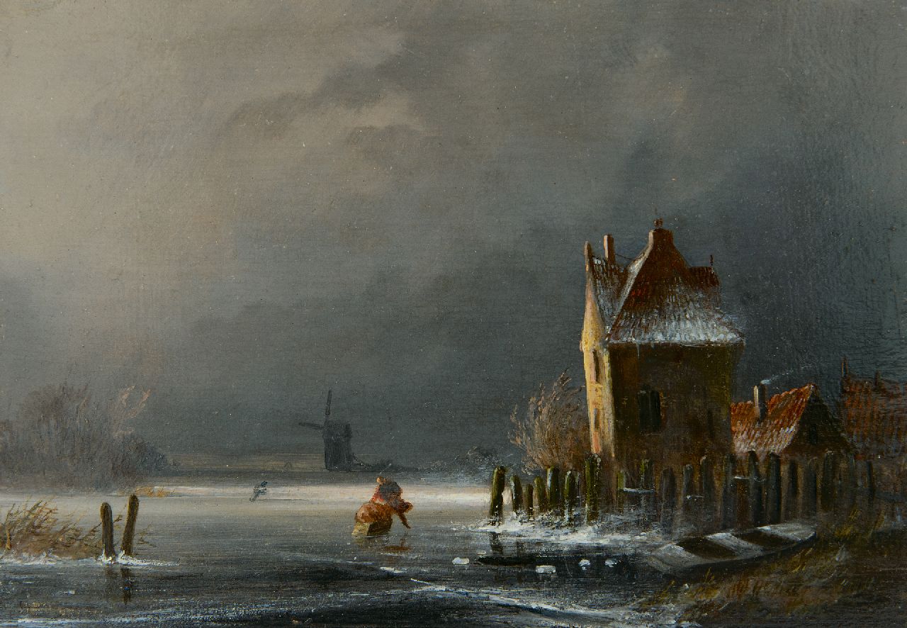 Hellenberg Hubar J.M.A. van | 'Jacques' Marie Adrien van Hellenberg Hubar, Winter landscape with approaching snowstorm, oil on panel 14.9 x 21.3 cm