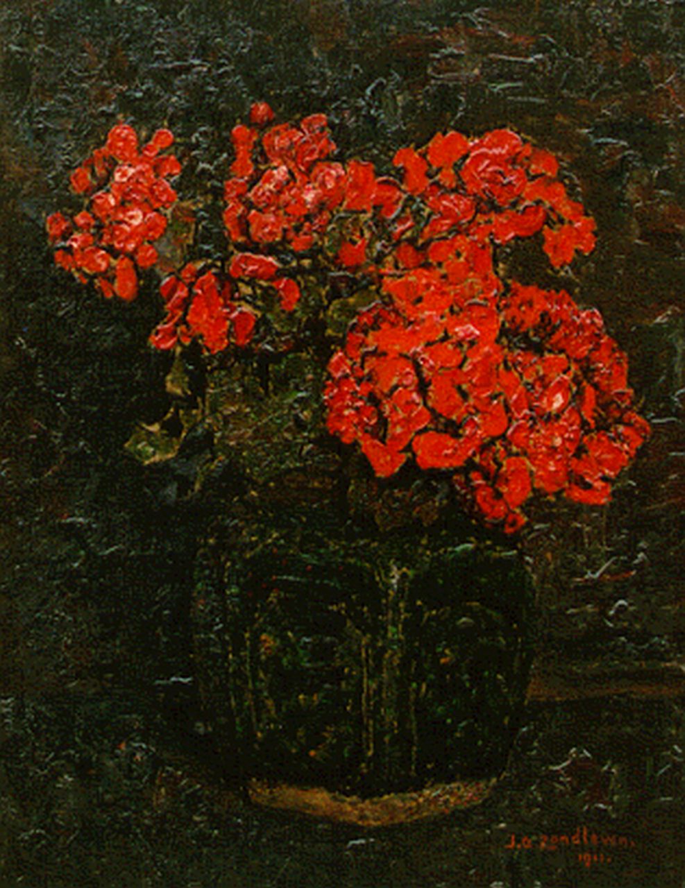 Zandleven J.A.  | Jan Adam Zandleven, A ginger-jar with chrysanthemums, oil on canvas laid down on panel 40.8 x 31.5 cm, signed l.r. and dated 1911