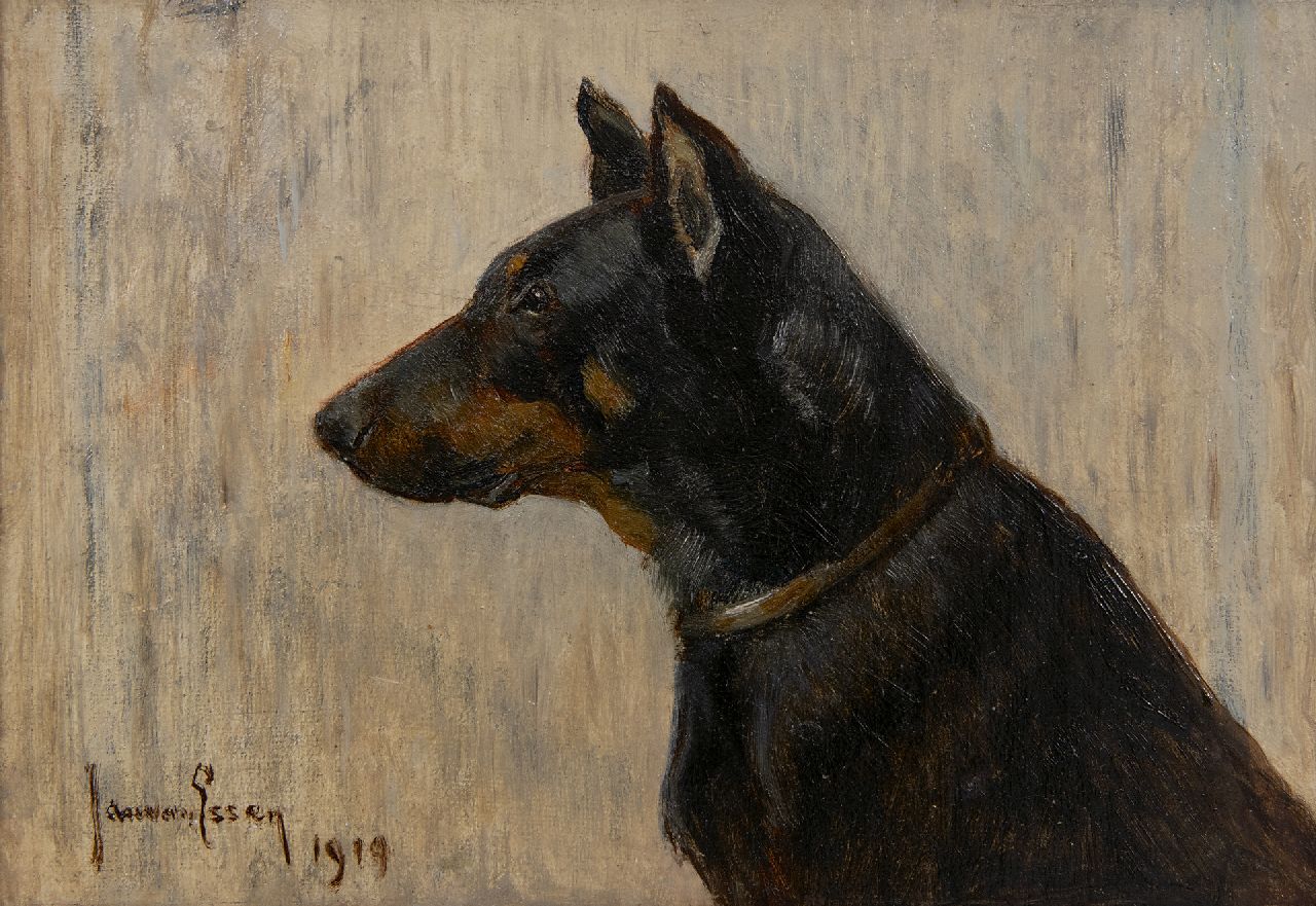 Jan van Essen | Portrait of a German pinscher, oil on canvas laid down on board, 15.7 x 21.5 cm, signed l.l. and dated 1919