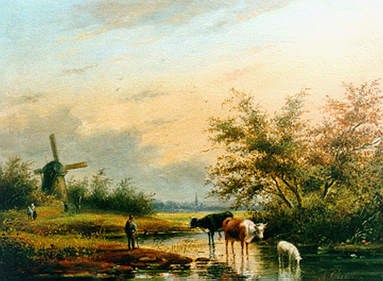 Hendriks G.  | Gerardus 'George Henry' Hendriks, A summer landscape with watering cows, oil on panel 22.0 x 29.7 cm, signed l.r. with A. Christ and painted circa 1858
