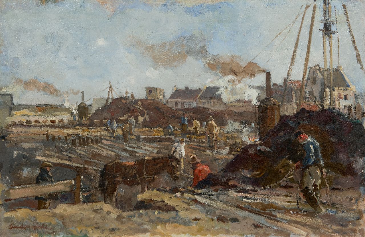 Langeveld F.A.  | Franciscus Arnoldus 'Frans' Langeveld | Paintings offered for sale | Construction site with steam pild drivers, oil on canvas 47.1 x 71.4 cm, signed l.l.